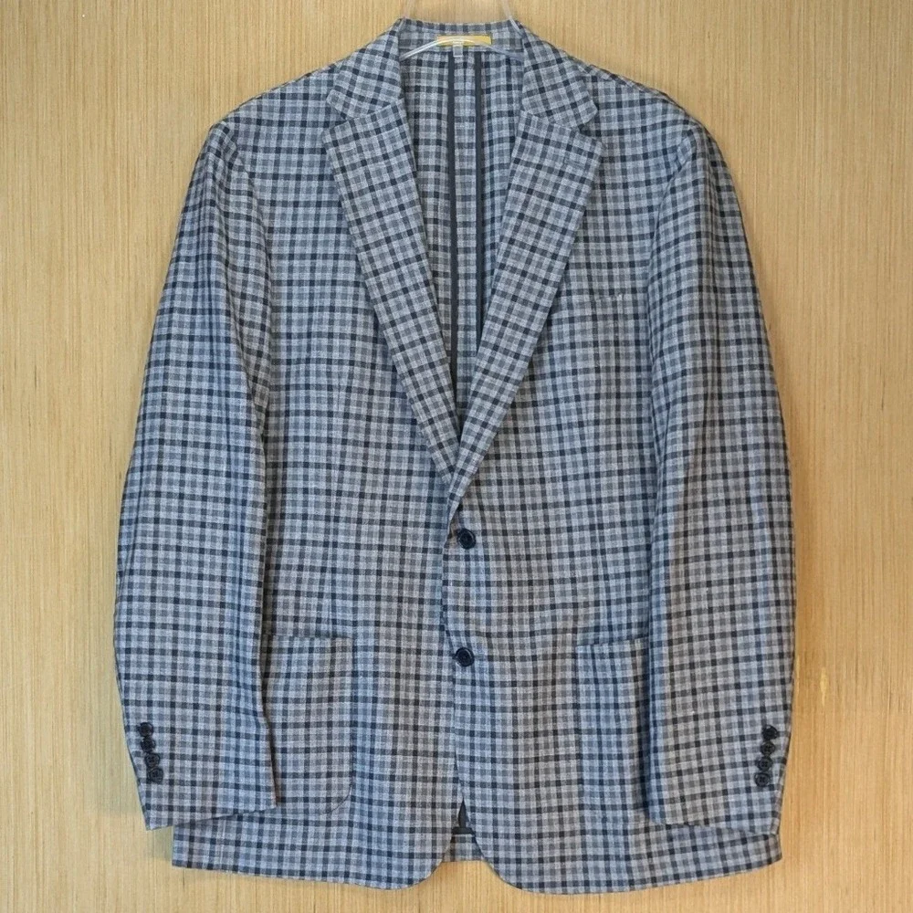 Hickey Freeman Mens 46L Gingham Check Linen Wool Blend Blazer Sport Coat Grey